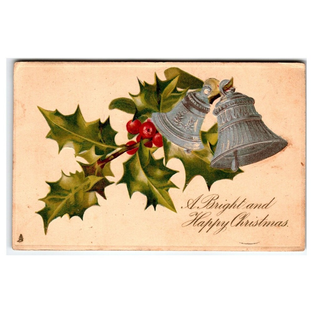 Antique Raphael Tuck Christmas Postcard Embossed Holly Bells 1904 Posted